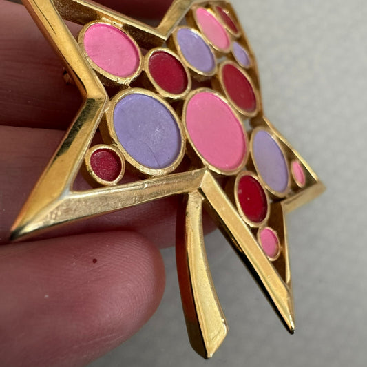 Fun! Vintage Crown Trifari Confetti Brooch Pinks Purple Gold Tone Leaf
