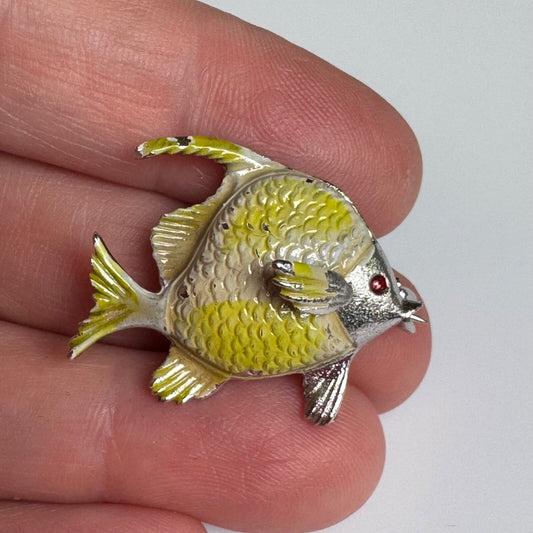Vintage Silver Tone Fish Brooch Enamel Red Eye Yellow Pin 3-D