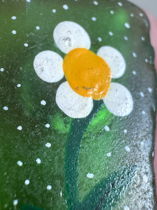 Vintage Sea Glass with Painted Daisy Brooch Lapel Pin