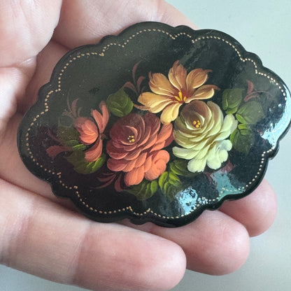 Vintage Signed Hand Painted Russian Lacquer Brooch Beautiful Roses Flowers Pin