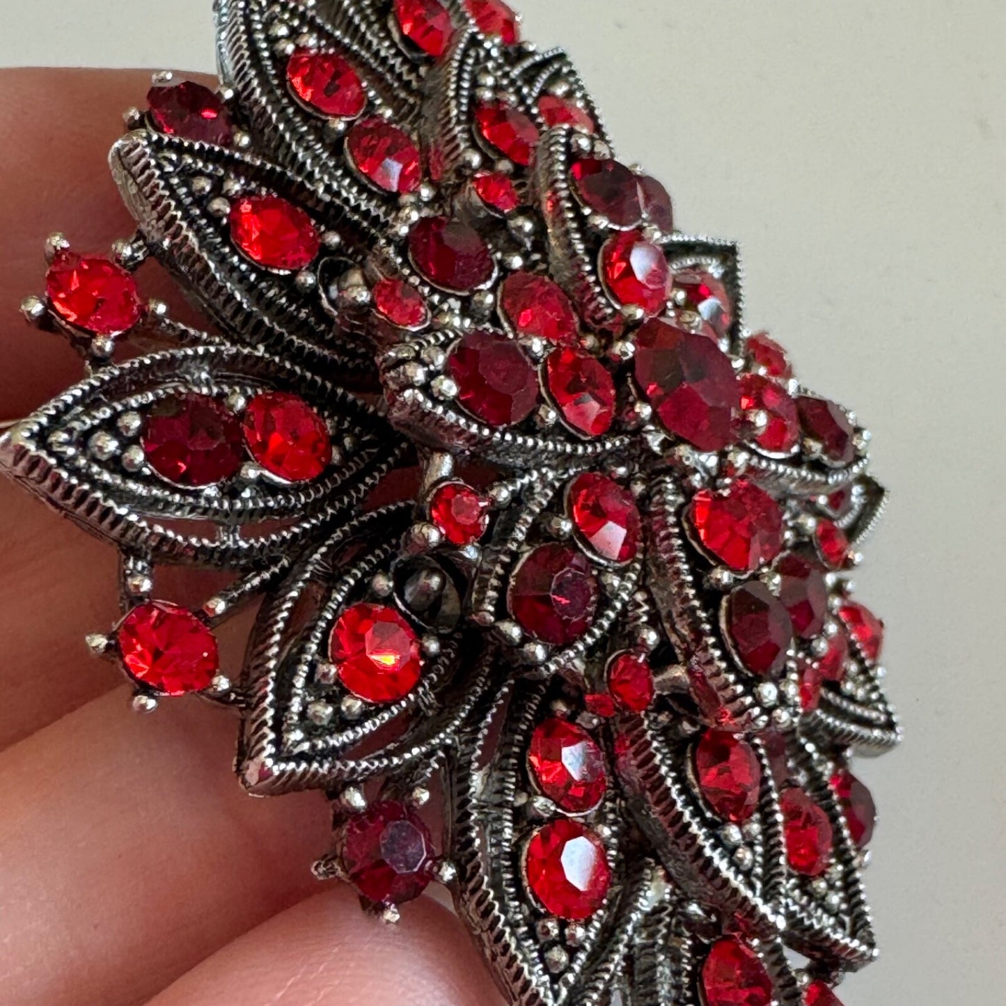 Vintage Look Silver Tone Rhinestone Red Crystal  Bouquet Brooch Pin