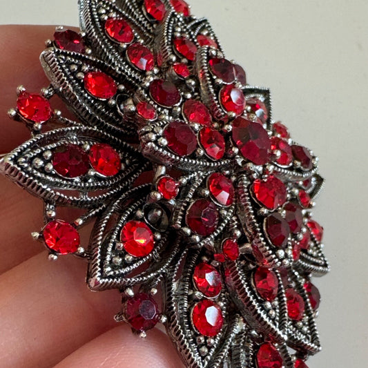 Vintage Look Silver Tone Rhinestone Red Crystal  Bouquet Brooch Pin