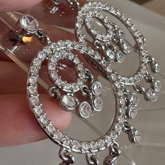 Vintage LVJ Silver Tone Chandelier Crystal Pierced Earrings 