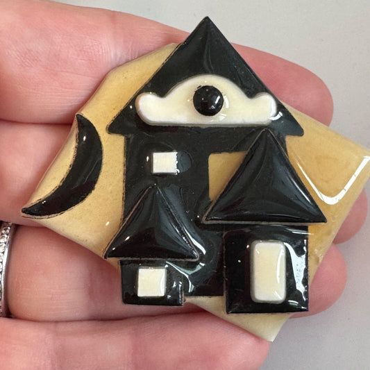Vintage House Pins by Lucinda Spooky Eye House Black White Cream Brooch