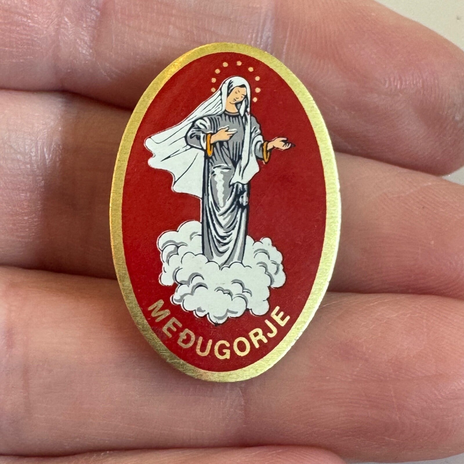 Vintage Medugorje Our Lady of Peace Catholic Devotional Pin Red