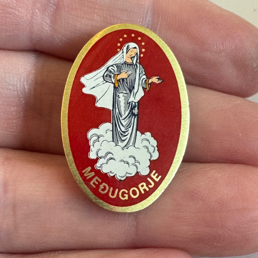 Vintage Medugorje Our Lady of Peace Catholic Devotional Pin Red