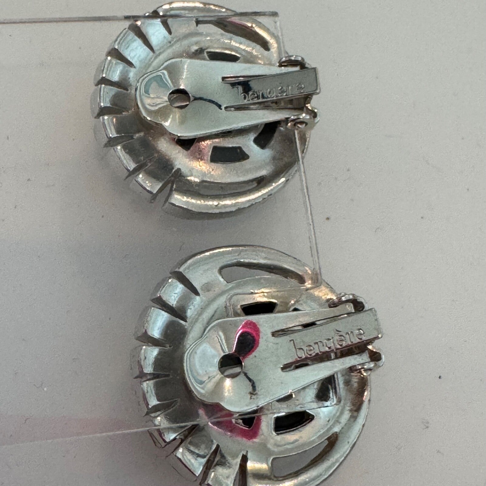 Vintage Bergere Silver Tone Clip On Earrings Black Cabochon AS IS