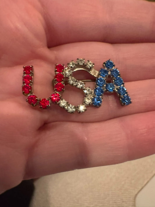 Vintage USA Rhinestone Brooch Pin Red White Blue