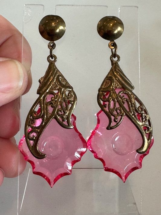Vintage Pink Chandelier Crystal Look Earrings Aged Gold