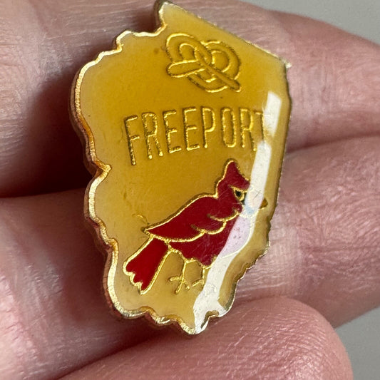Vintage Freeport Illinois Pretzel Cardinal Souvenir Tourist Lapel Pin