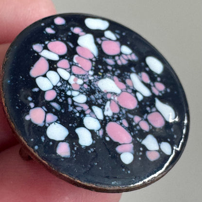 Vintage Enamel on Copper Pink White Black Screwback Earrings