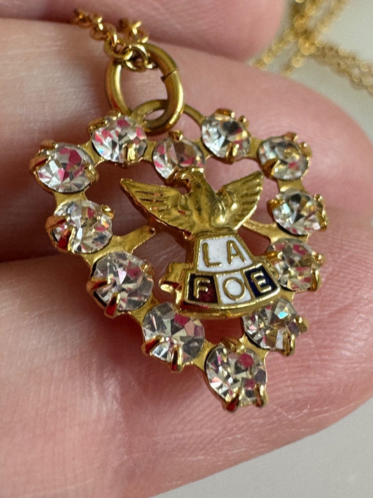 FOE Ladies Auxiliary Rhinestone Heart Pendant Necklace Fraternal Order of Eagles