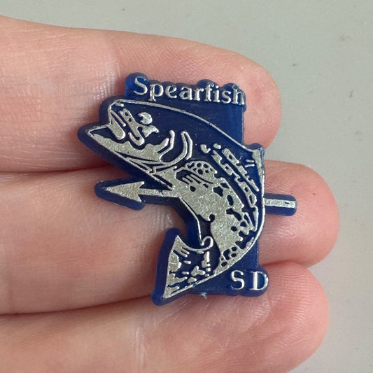Spearfish South Dakota SD Trout Arrow Lapel Pin Blue and Silver Spear Fishing