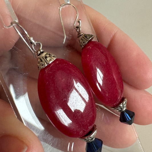 Vintage Silver Tone Earrings with Red Glass and Blue Accent Dangle