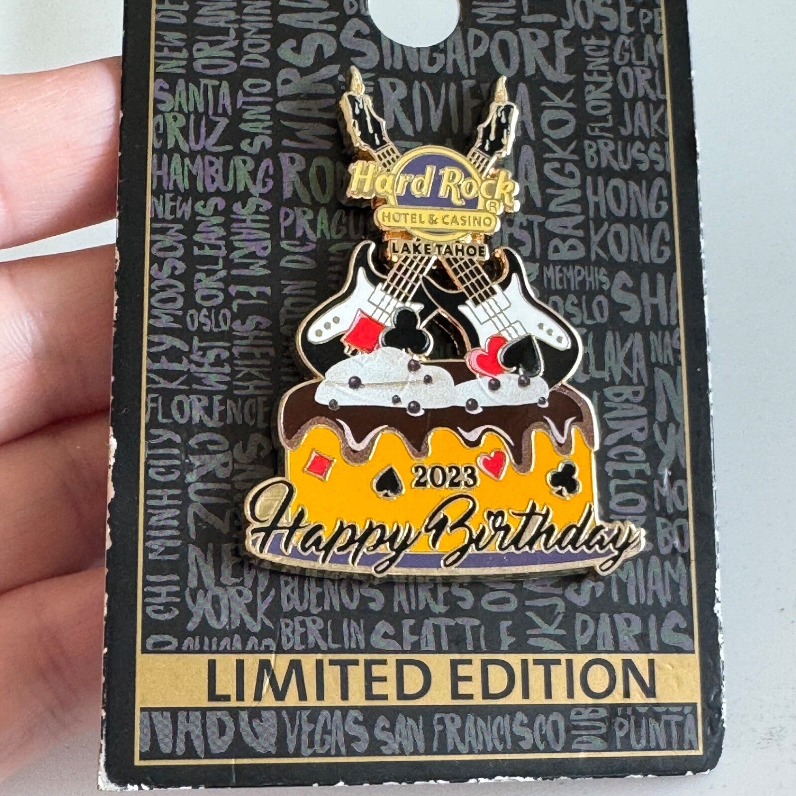 2023 Hard Rock Hotel & Casino Lake Tahoe Happy Birthday Lapel Pin New on Card
