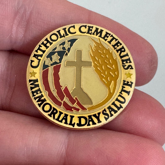Vintage Catholic Cemeteries Memorial Day Salute Lapel Pin Flag Wheat Cross