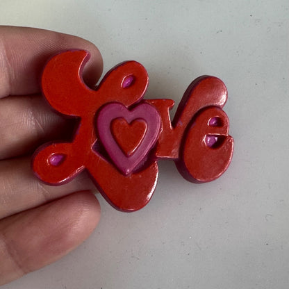 Vintage Love Heart Script Brooch Pin Plastic Red Pink 