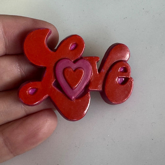 Vintage Love Heart Script Brooch Pin Plastic Red Pink 