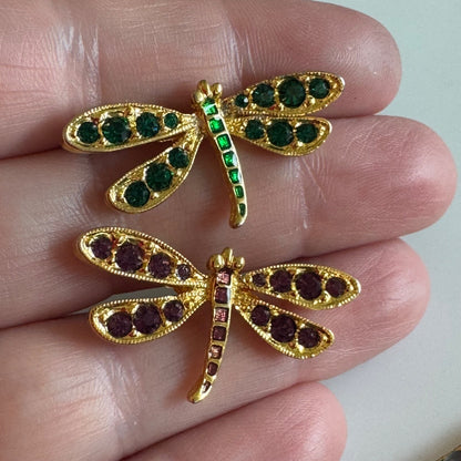 Vtg Nolan Miller Duette of Dragonfly Scatter Pins Purple Green Stones Gold Tone