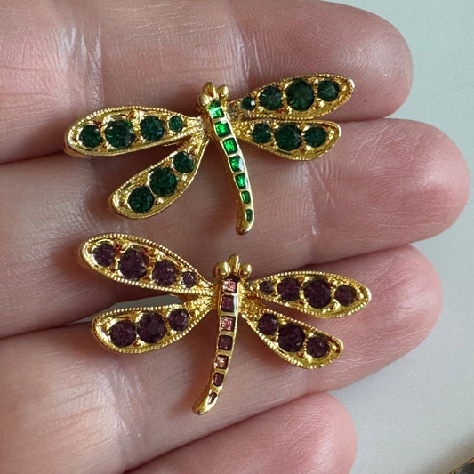 Vtg Nolan Miller Duette of Dragonfly Scatter Pins Purple Green Stones Gold Tone