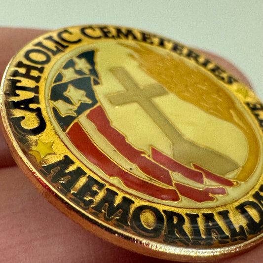 Vintage Catholic Cemeteries Memorial Day Salute Lapel Pin Flag Wheat Cross