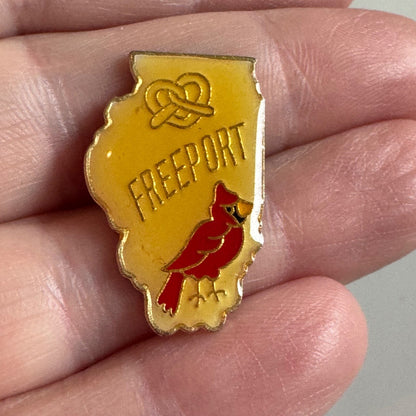Vintage Freeport Illinois Pretzel Cardinal Souvenir Tourist Lapel Pin