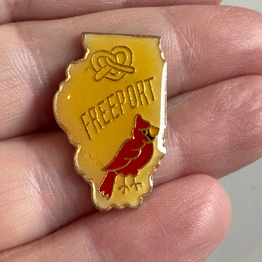 Vintage Freeport Illinois Pretzel Cardinal Souvenir Tourist Lapel Pin