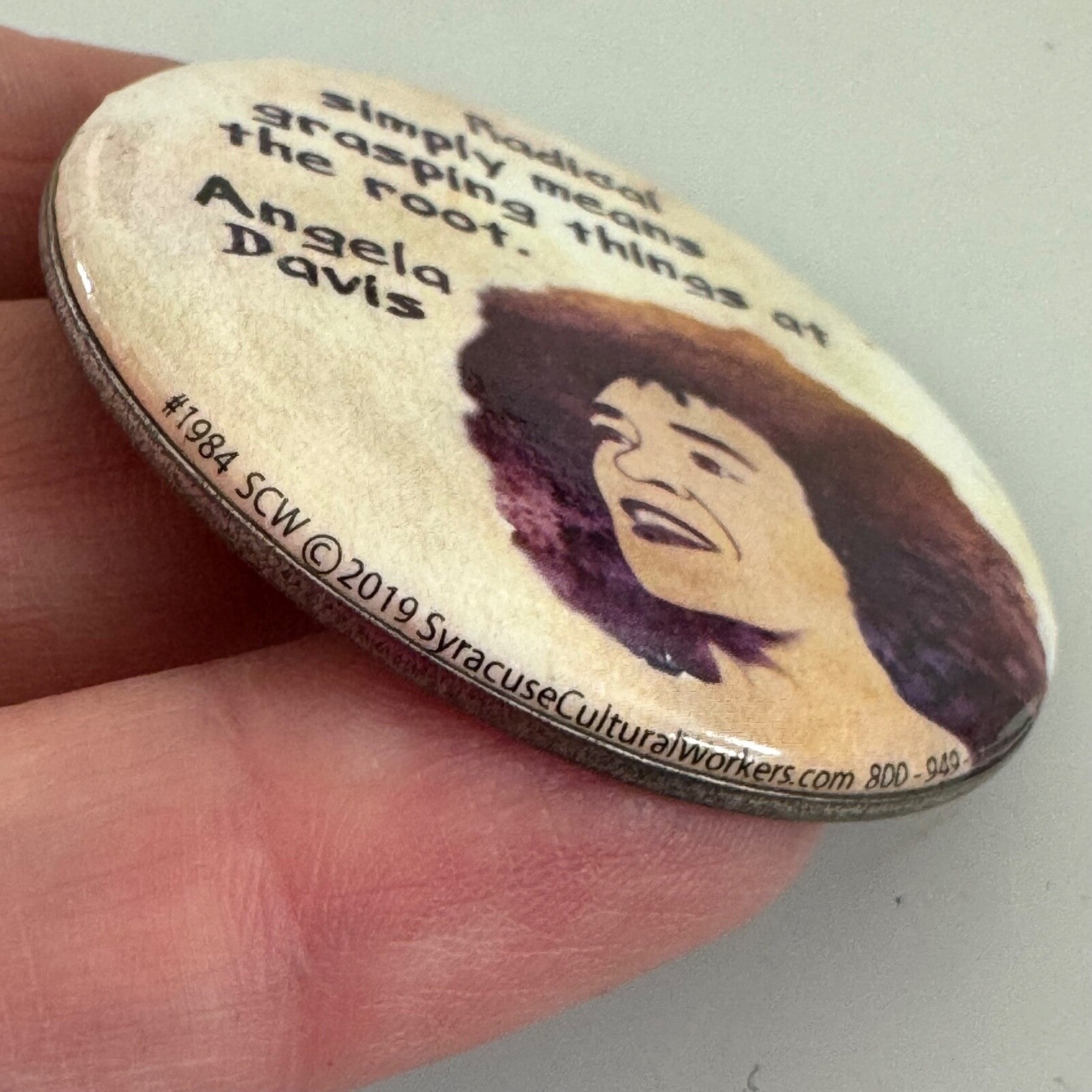 Angela Davis Pin Button Radical Grasping Things at the Root Syracuse