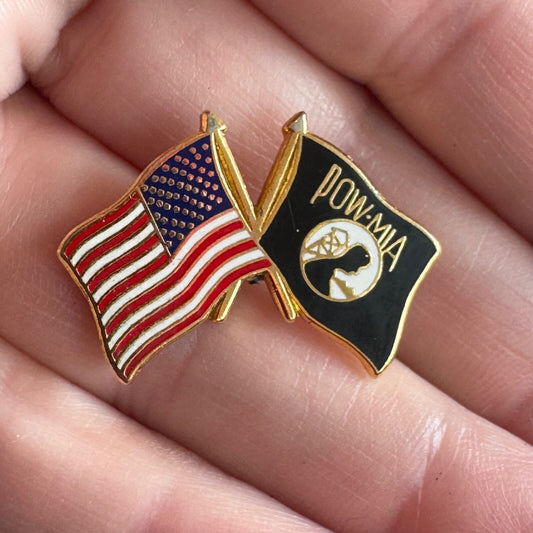 Nice Enamel American Flag and POW MIA Crossed Flags Lapel Pin
