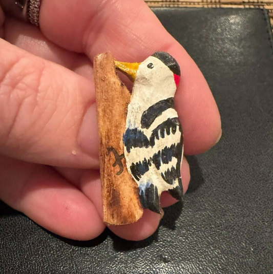 Hand Carved Woodpecker Hand Painted Brooch Pin
