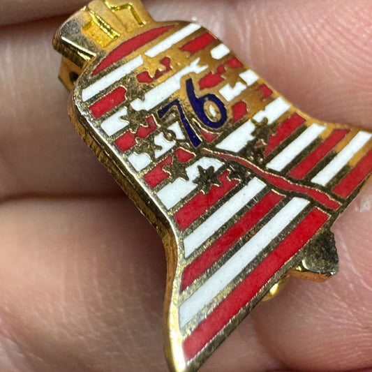 Vintage Bicentennial Red White Striped Liberty Bell Enamel Lapel Pin