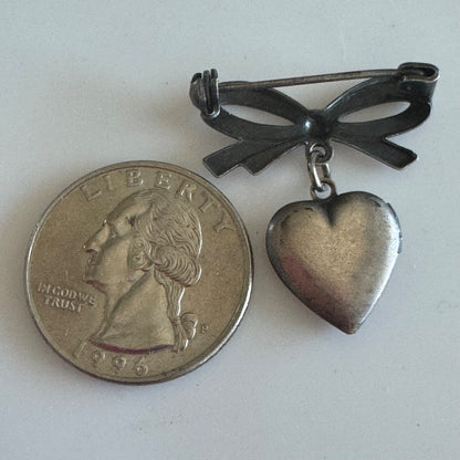 Silver Tone Dangle Locket Brooch Pin Bow Heart Shaped Flower
