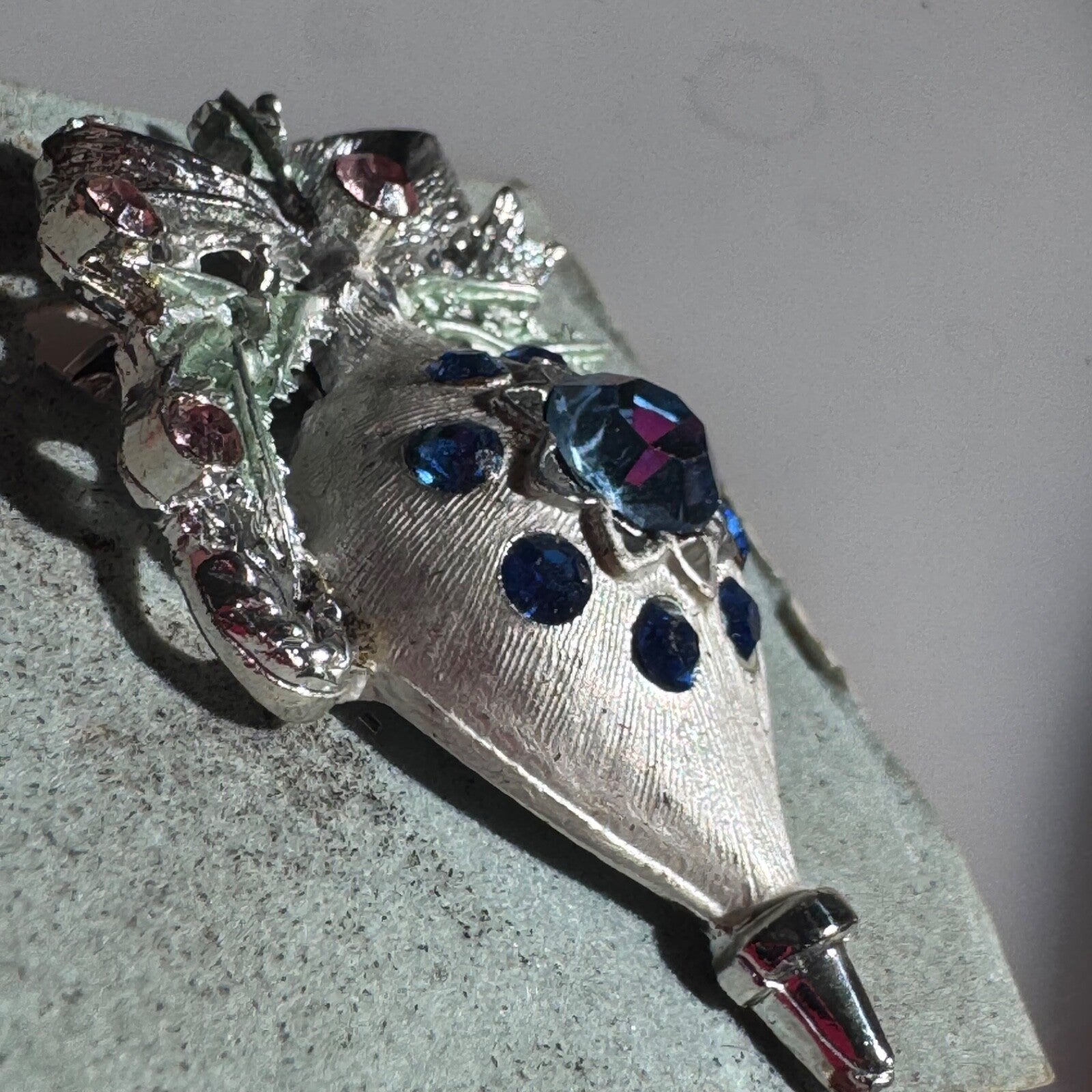 Vintage Christmas Ornament Brooch Silver Tone with Blue and Pink Rhinestones Pin