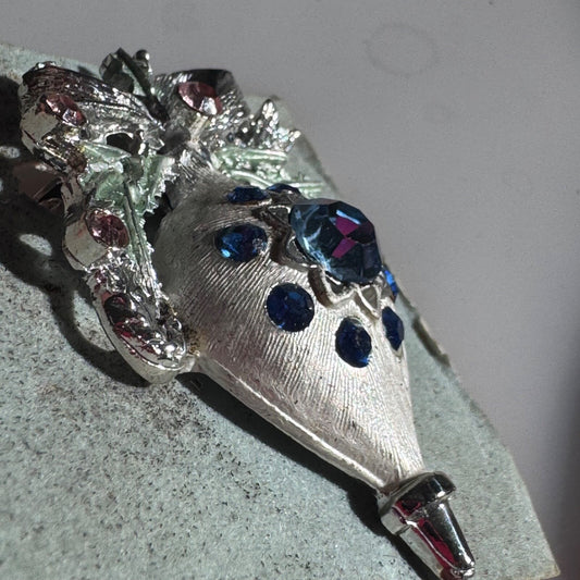 Vintage Christmas Ornament Brooch Silver Tone with Blue and Pink Rhinestones Pin