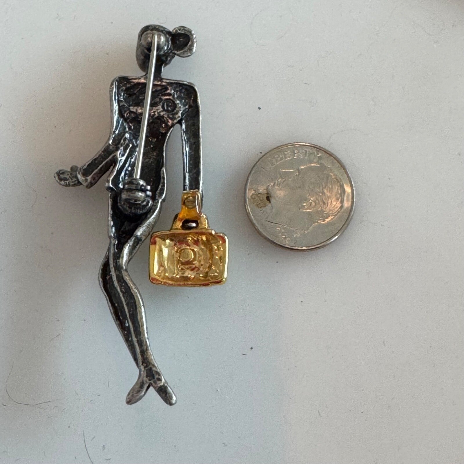 Vintage 1980s Business Woman Brooch Gold Tone Briefcase Pin Signed AAI