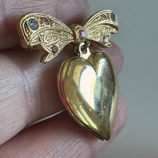 Vintage 1928 Heart Shaped Locket Dangle Brooch Pin Pin Blue Stones Gold Toned