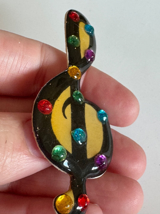 Vintage Treble Clef Resin Enamel Gold Black Multi-Color Brooch Pin B.H.