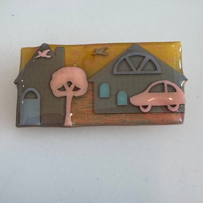 Vintage House Pins by Lucinda Pink Pastel Car Birds Tree Brooch Lapel Pin