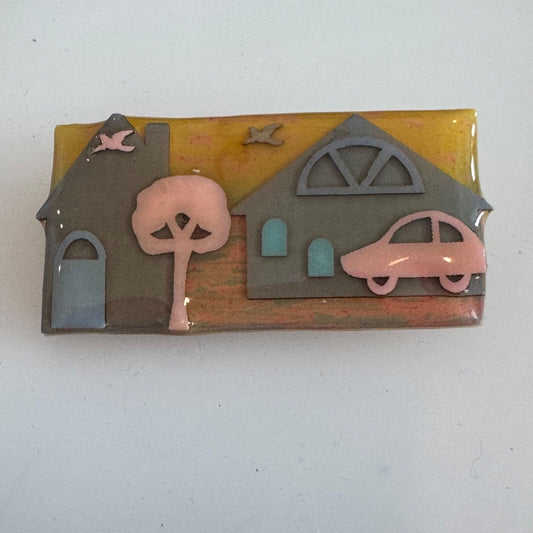Vintage House Pins by Lucinda Pink Pastel Car Birds Tree Brooch Lapel Pin