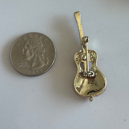 Vintage Gold Tone Enamel Wash Brown Guitar Brooch Pin Ukelele