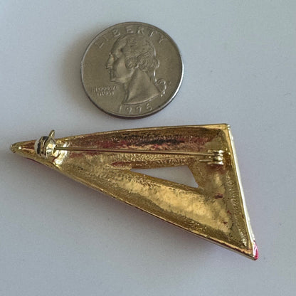 Vintage Gold Tone Red Enamel Triangle Brooch Pin 1980s 1990s