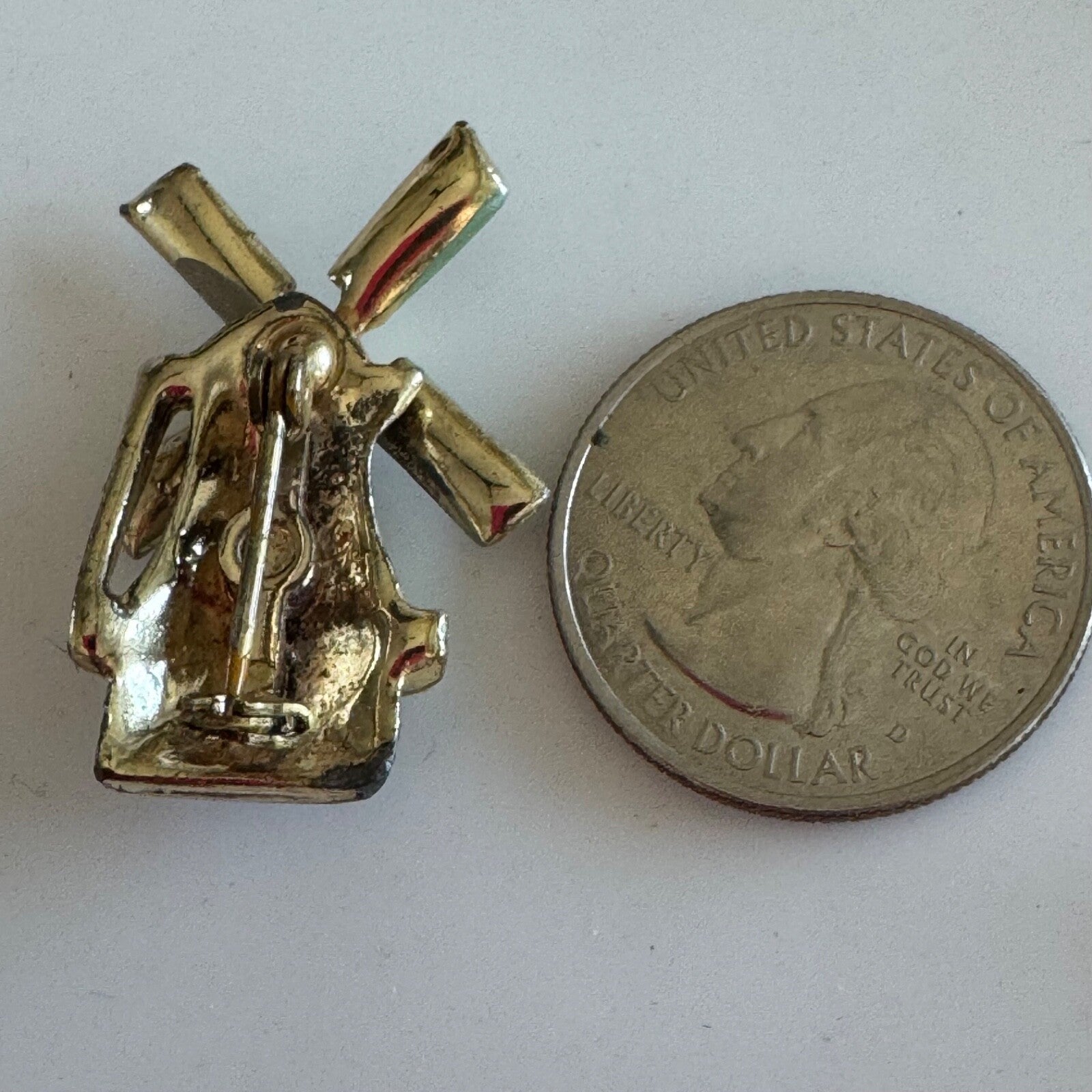 Vintage Windmill Brooch Enamel Enamel Grey Green Gold Tone