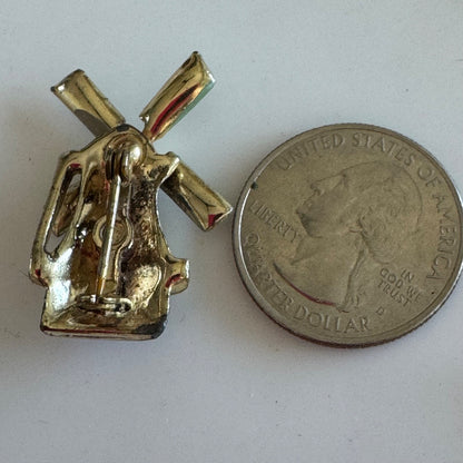 Vintage Windmill Brooch Enamel Enamel Grey Green Gold Tone