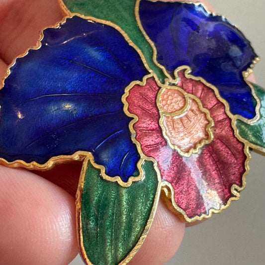Vintage Orchid Cloisonne Brooch Pin Bold Colors Blue Green Pink Enamel