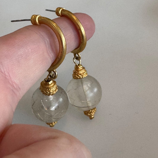 Vintage Gold Tone Hoop Drop Earrings with Frosted Glass Dangle Bead
