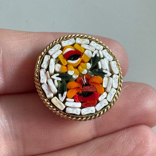 Vintage Round Micro Mosaic Brooch Pin Flower Italy Micromosaic