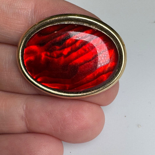 Vintage Red Oval Shaped Brooch Gold Tone Pin 