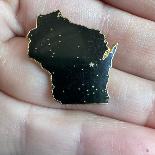 Wisconsin Black Enamel State Shaped Lapel Pin with Gold Tone Souvenir