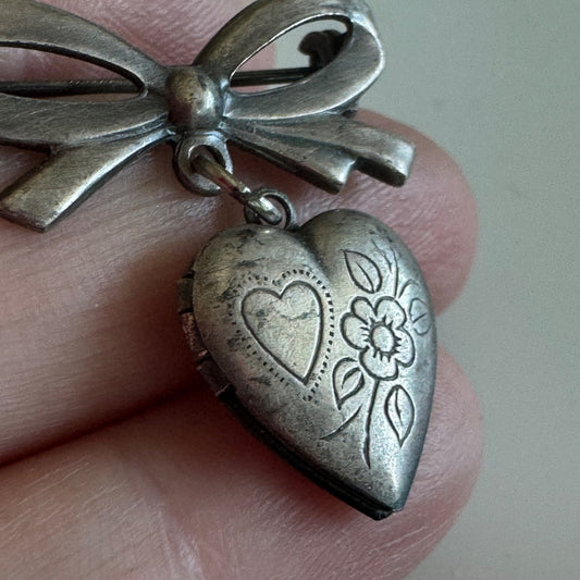 Silver Tone Dangle Locket Brooch Pin Bow Heart Shaped Flower