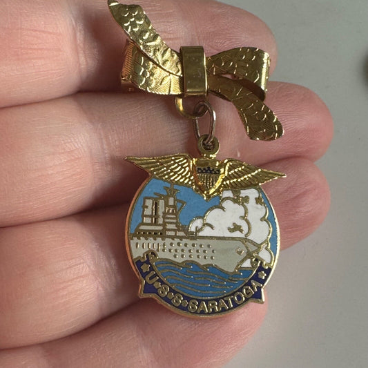 Vintage USS Saratoga Dangle Bow Enamel Navy Sweetheart Pin Brooch
